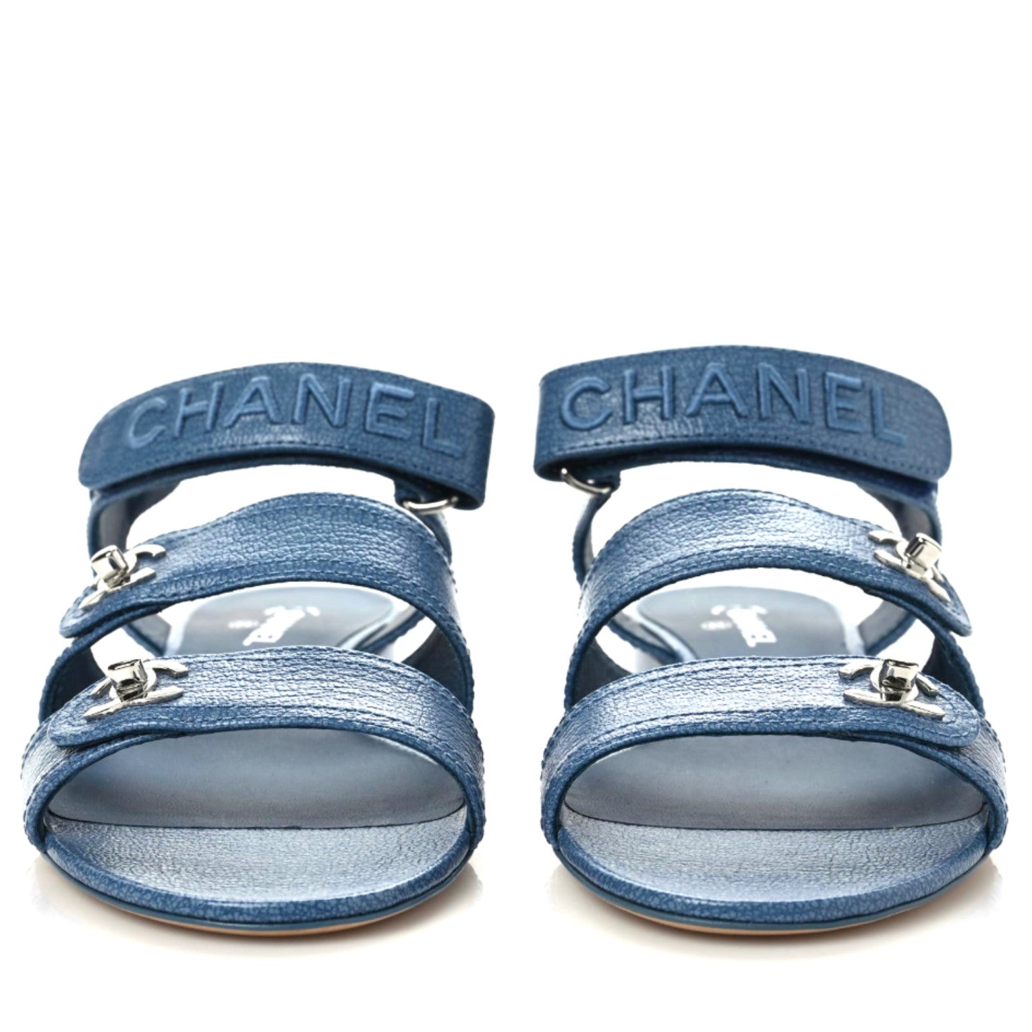 Chanel Iridescent Calfskin Logo CC Turnlock Sandals 37.5 Blue 2 of 10