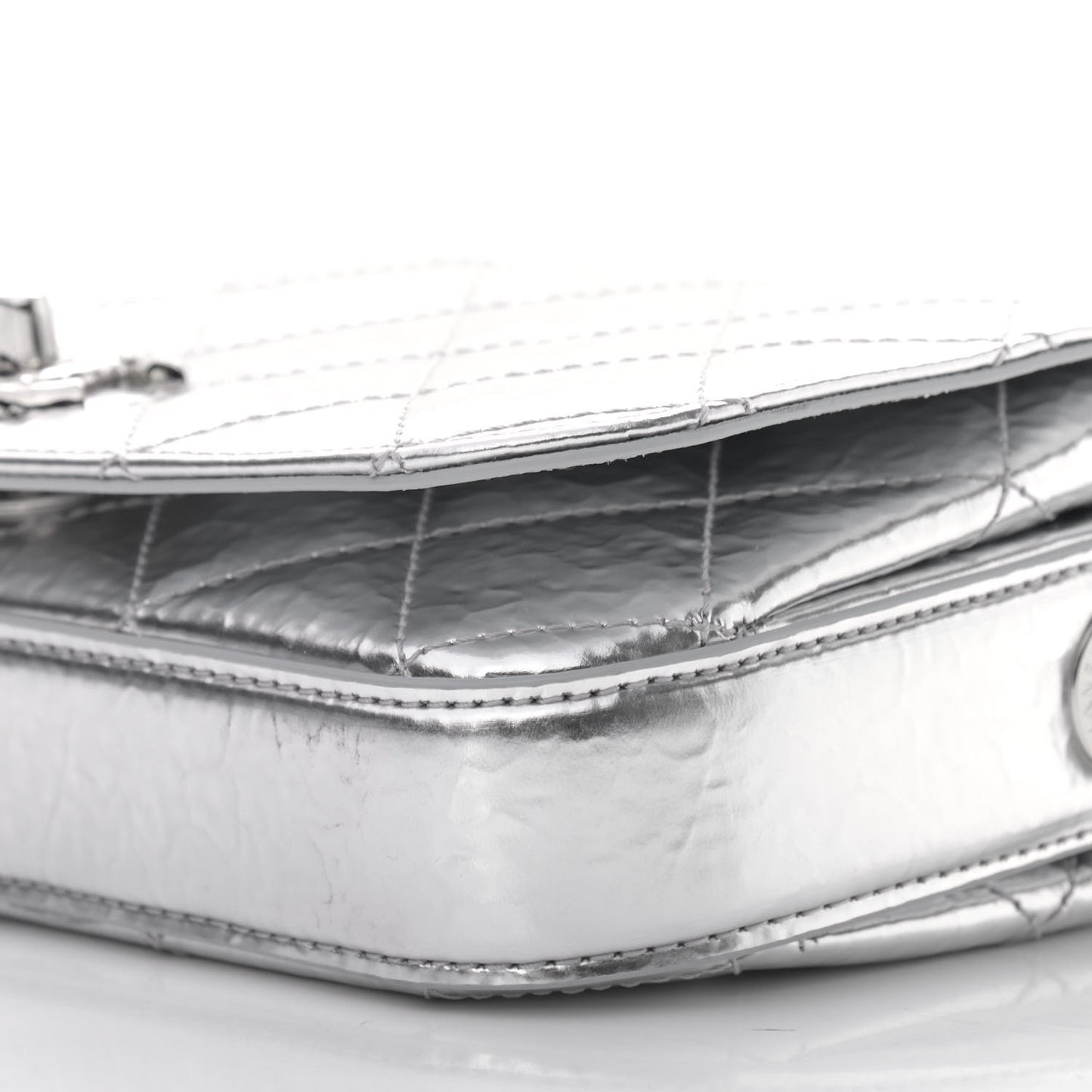 Hammered Metallic Calfskin Quilted Flap Silver