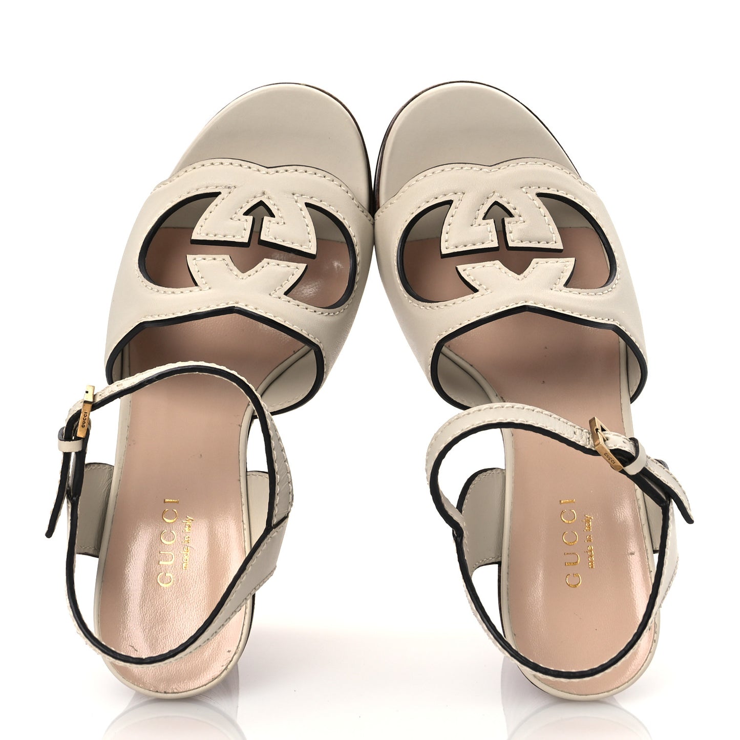 Cosmos Softy Calfskin Wooden Interlocking G Cut-Out 30/120mm Platform Sandals 35.5 Mystic White