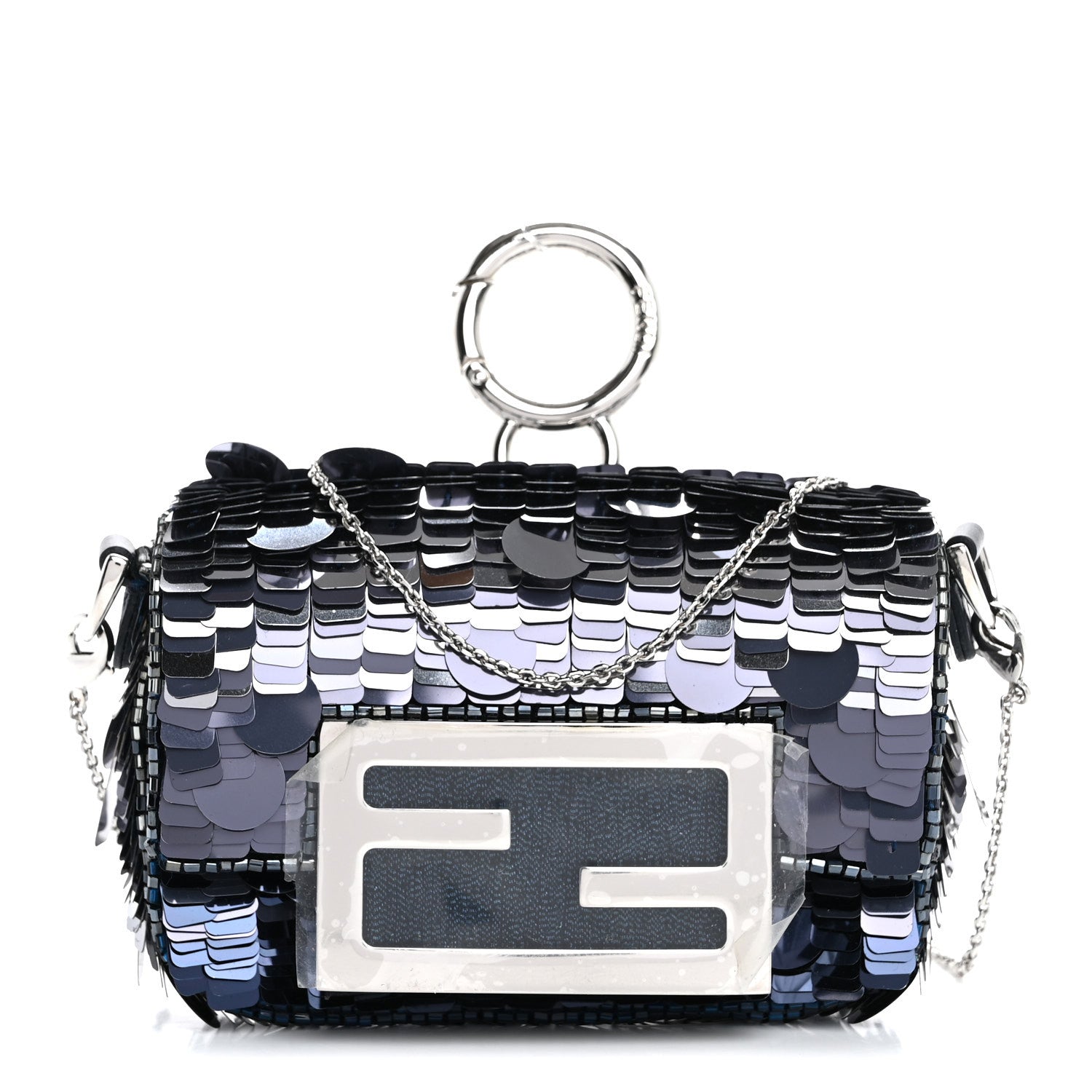 Fendi Sequin Paillettes Shiny Nappa Sex and the City Nano Maxi Buckle Baguette Charm Midnight 1 of 12