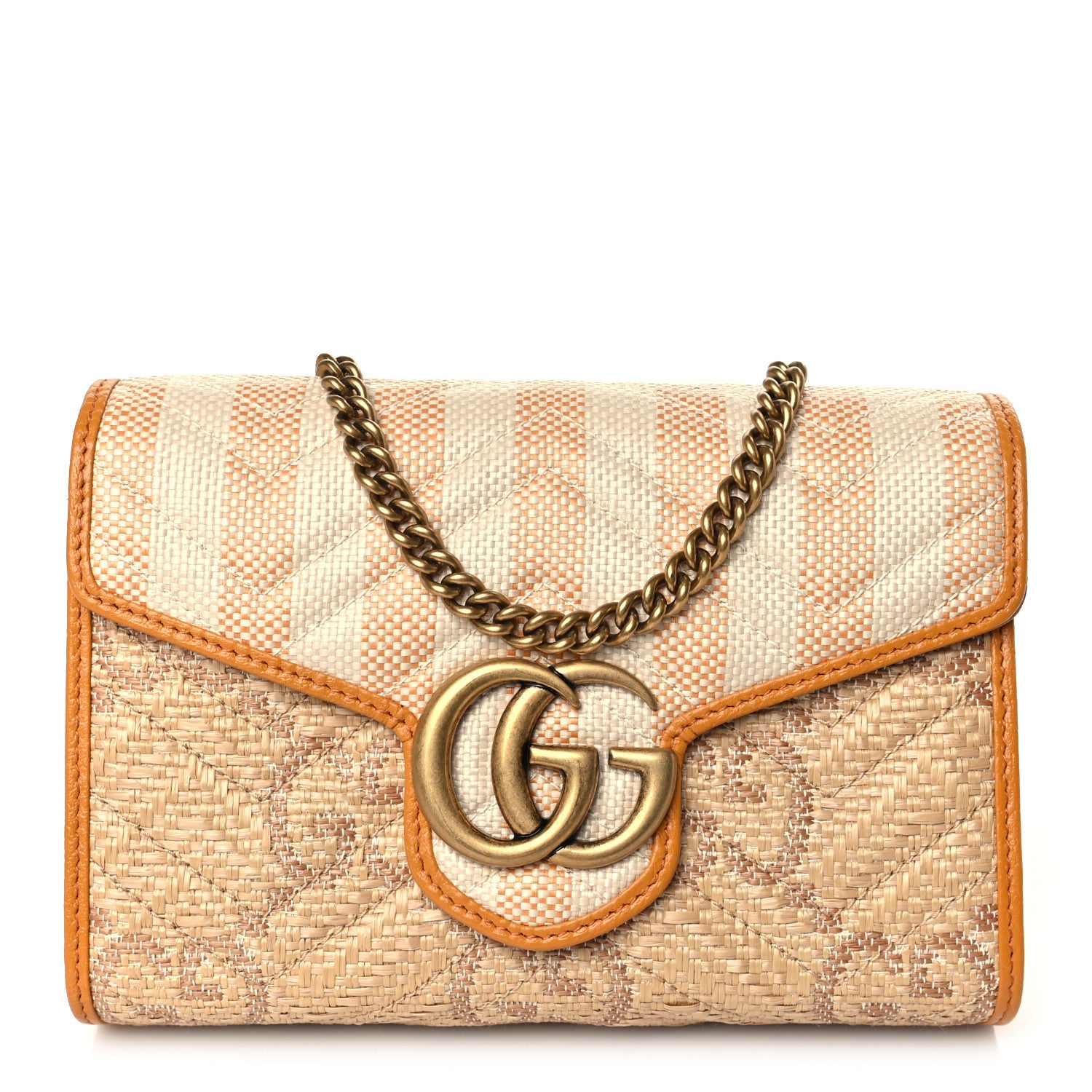 Gucci Raffia GG Monogram Matelasse GG Marmont Chain Wallet Natural Beige Off White Sun Oil 1 of 9