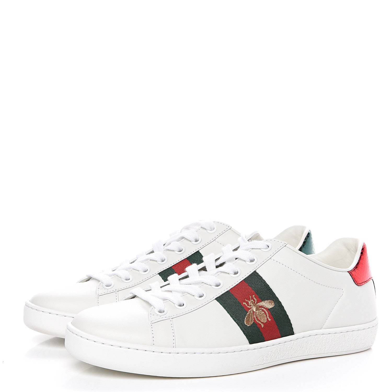 Gucci Calfskin Ayers Bee Embroidered Womens Ace Sneakers 37.5 White Green 3 of 10