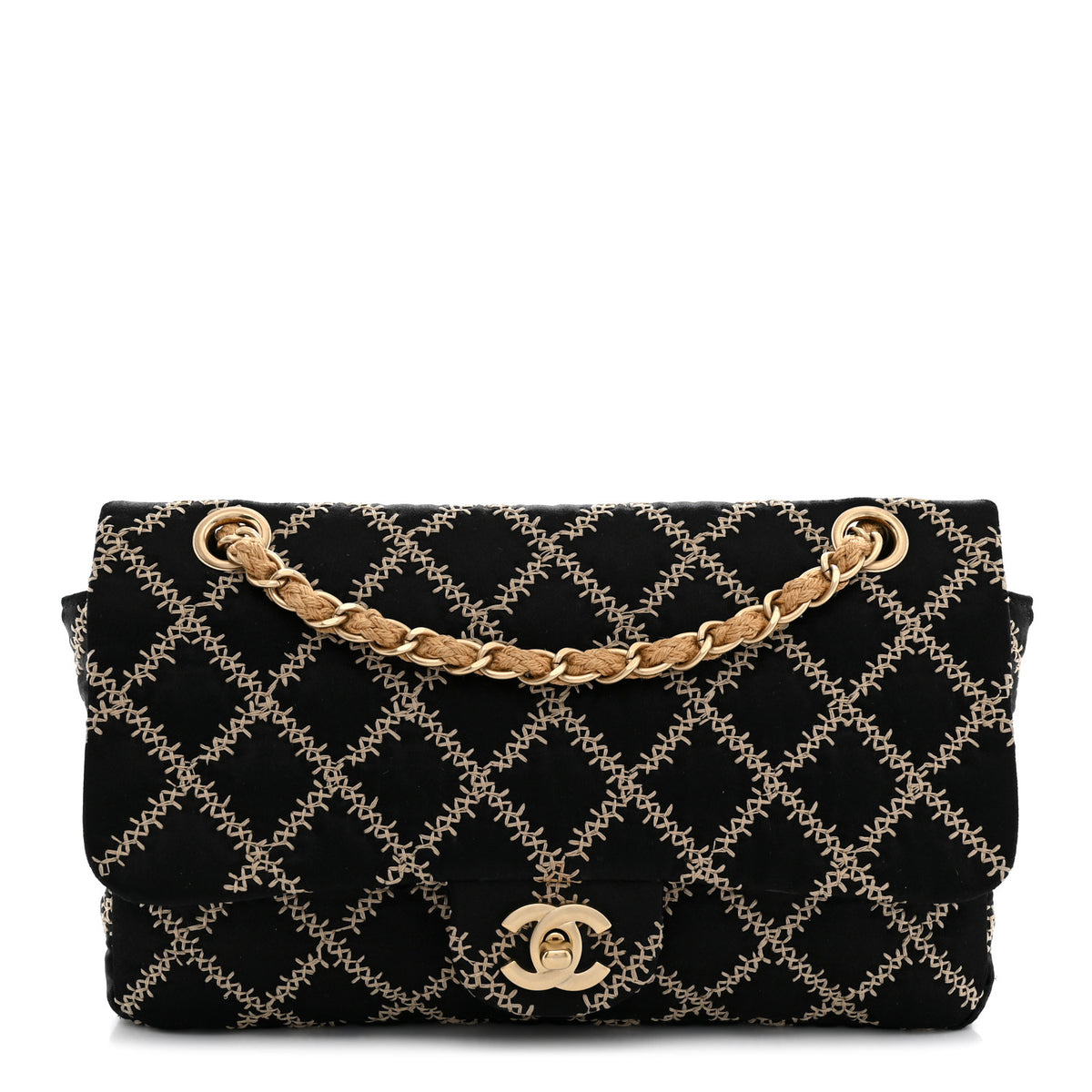 Satin Wild Stitch Medium Single Flap Black Beige