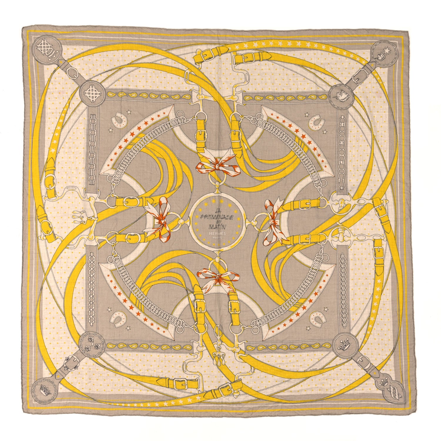 Hermes Cashmere Silk La Promenade du Matin Bandana Shawl 140 Naturel Beige Jaune Vif 1 of 3