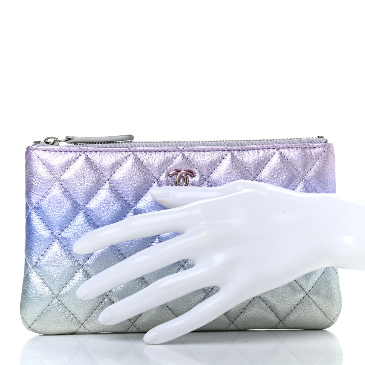 Gradient Metallic Calfskin Quilted Cosmetic Case Purple Blue Green