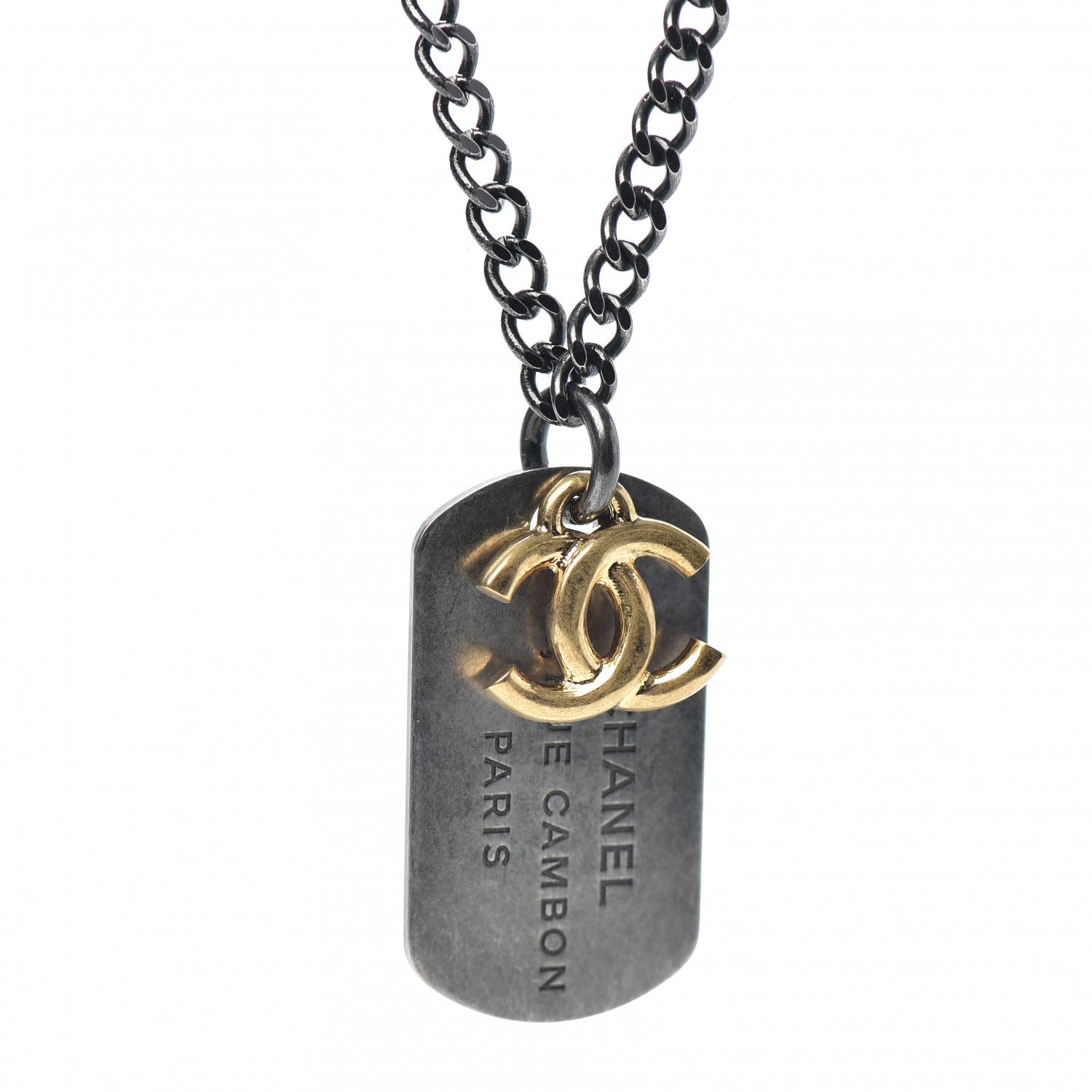 Chanel Ruthenium ID Dog Tag Charm Necklace Silver Gold 4 of 5