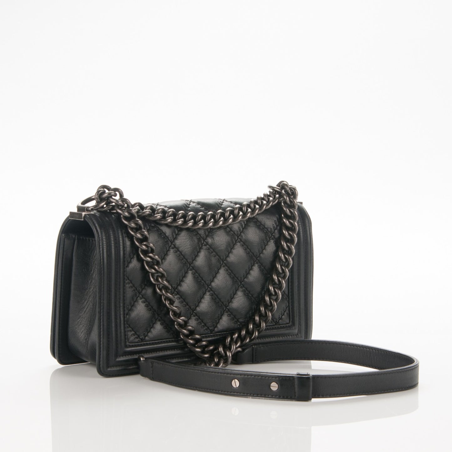 Calfskin Double Stitch Medium Boy Flap Black