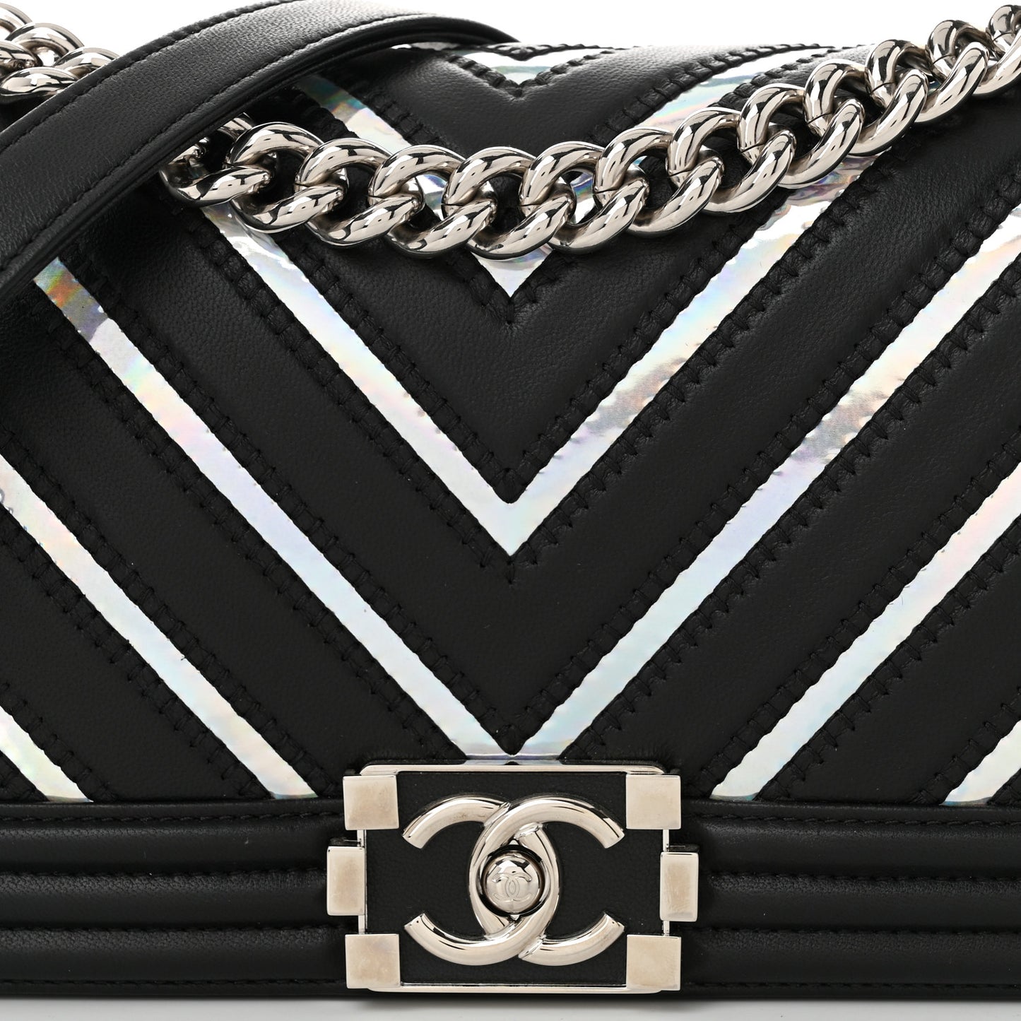 Lambskin Iridescent PVC Chevron Quilted Medium Boy Flap Black Silver