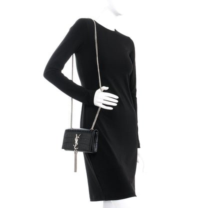 Saint Laurent Calfskin Crocodile Embossed Small Classic Monogram Tassel Satchel Black 2 of 6