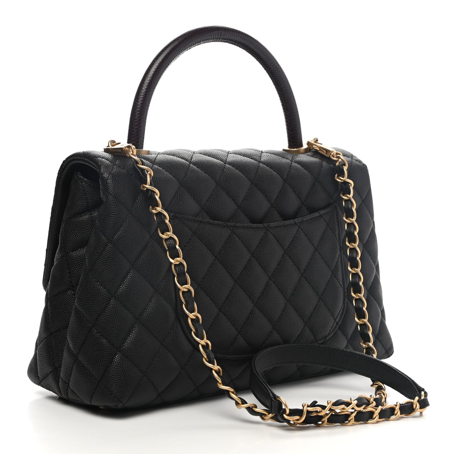 Caviar Lizard Embossed Quilted Small Coco Handle Flap Black