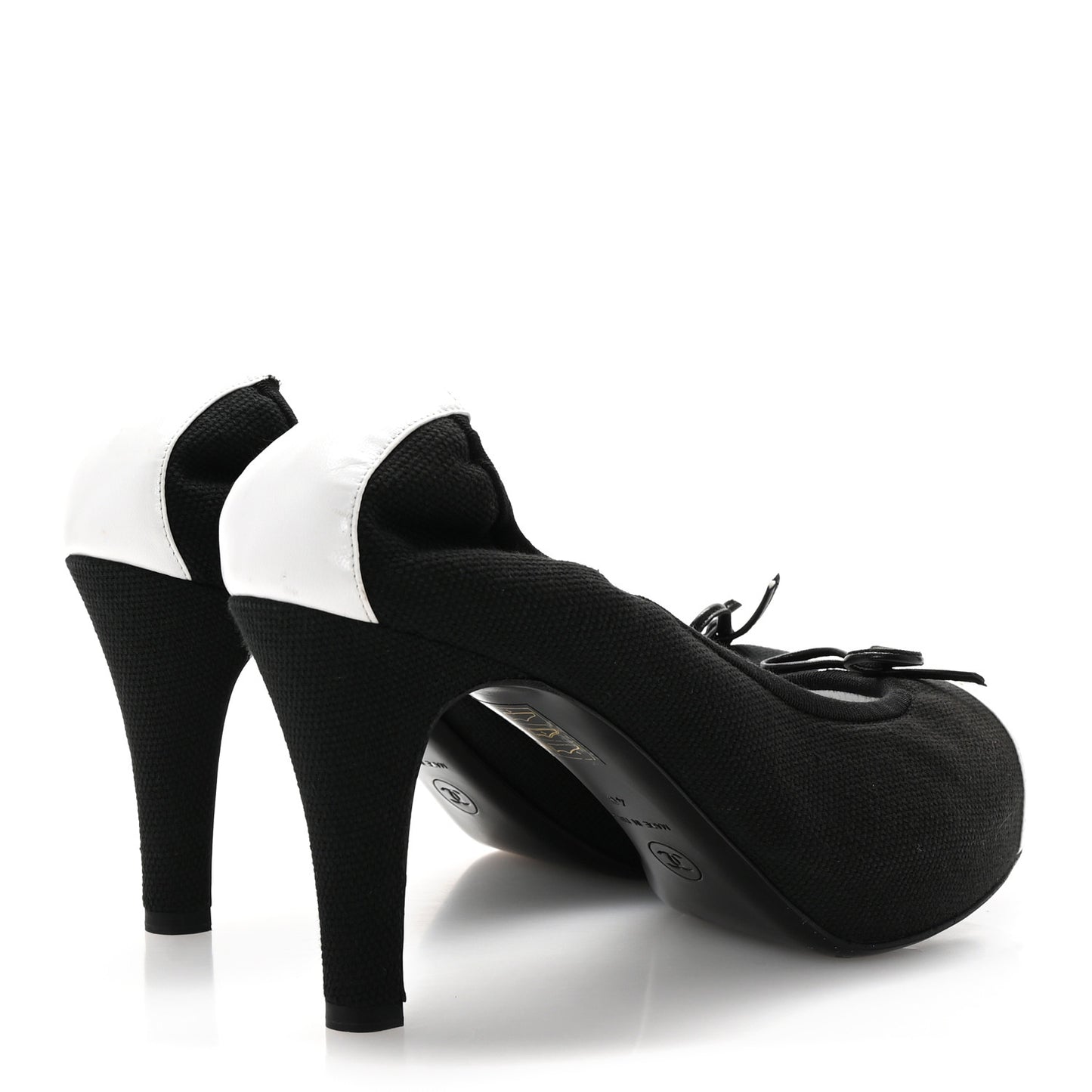 Canvas Calfskin Cap Toe Bow CC Pumps 40 Black White