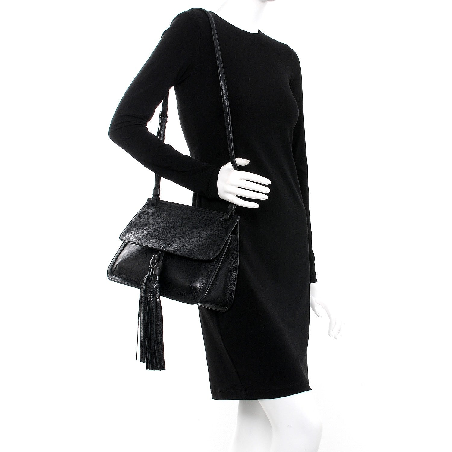 Gucci Pebbled Calfskin Medium Bamboo Daily Flap Shoulder Bag Black 2 of 7