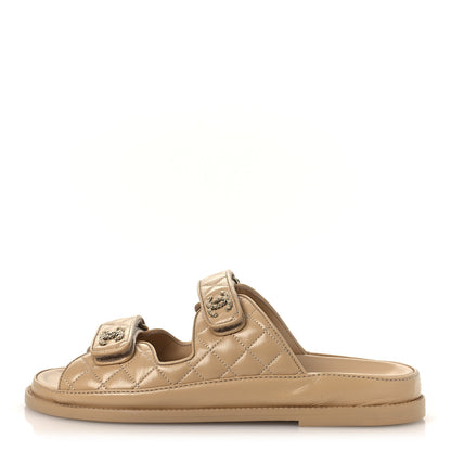Chanel Lambskin Quilted Velcro Dad Chain CC Slide Sandals 40.5 Beige 1 of 11
