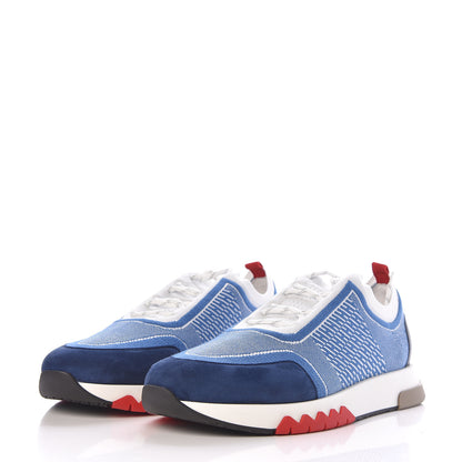 Hermes Knit Goatskin Mens Addict Sneakers 45 White Blue Jean 3 of 8