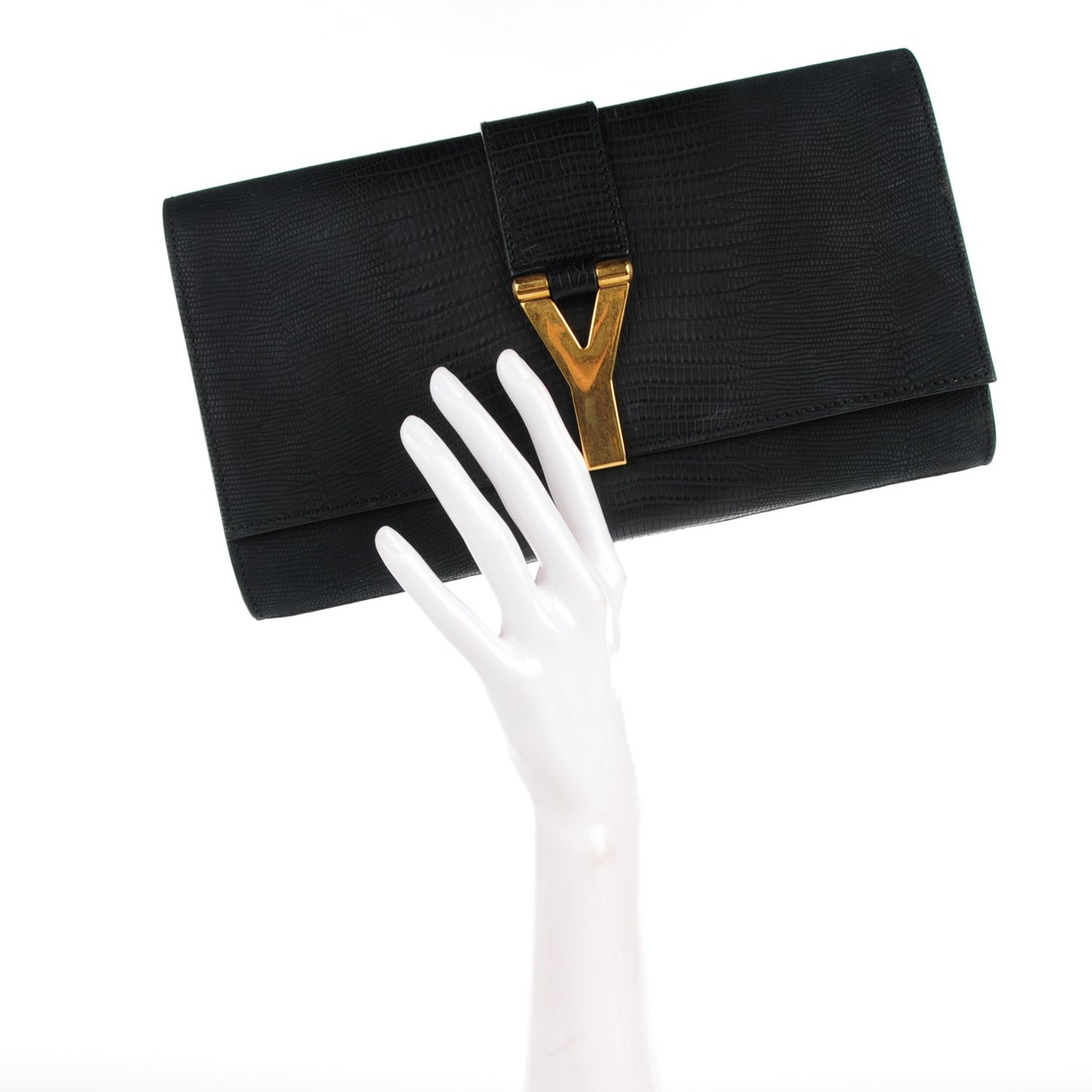 Lizard Calfskin Embossed Classic Y Ligne Clutch Black