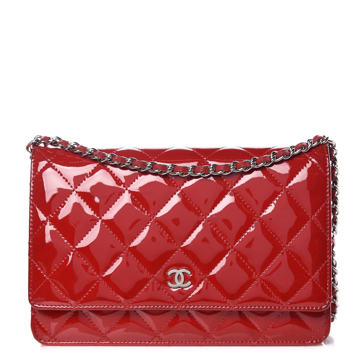 Chanel Patent Quilted Wallet On Chain WOC Red 1 of 12