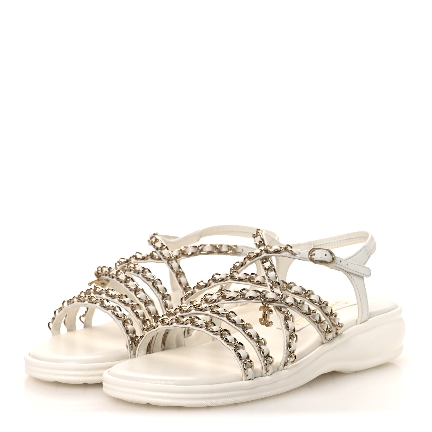 Lambskin Metal Chain Ankle Strap Sandals 39 White