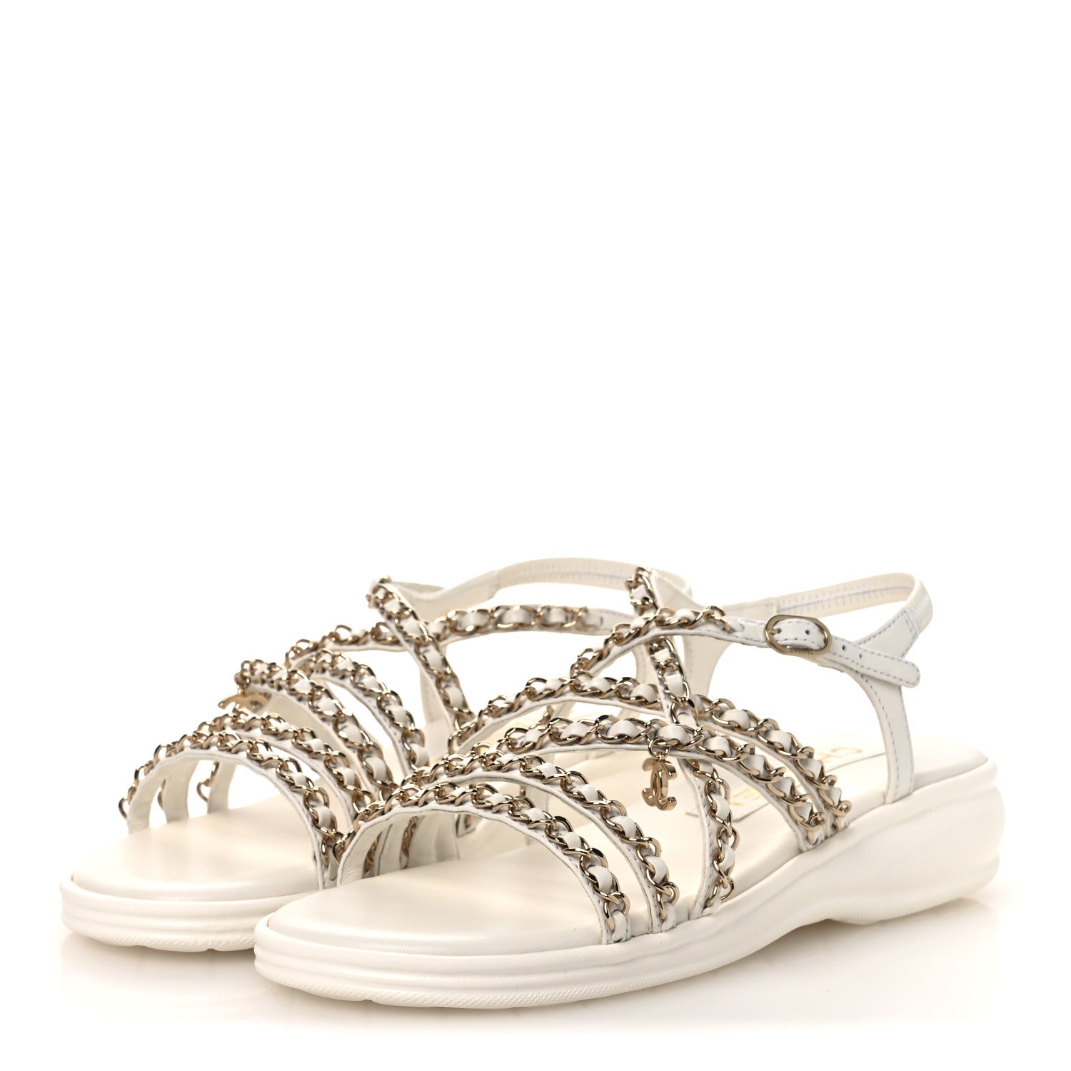 Chanel Lambskin Metal Chain Ankle Strap Sandals 39 White 4 of 12