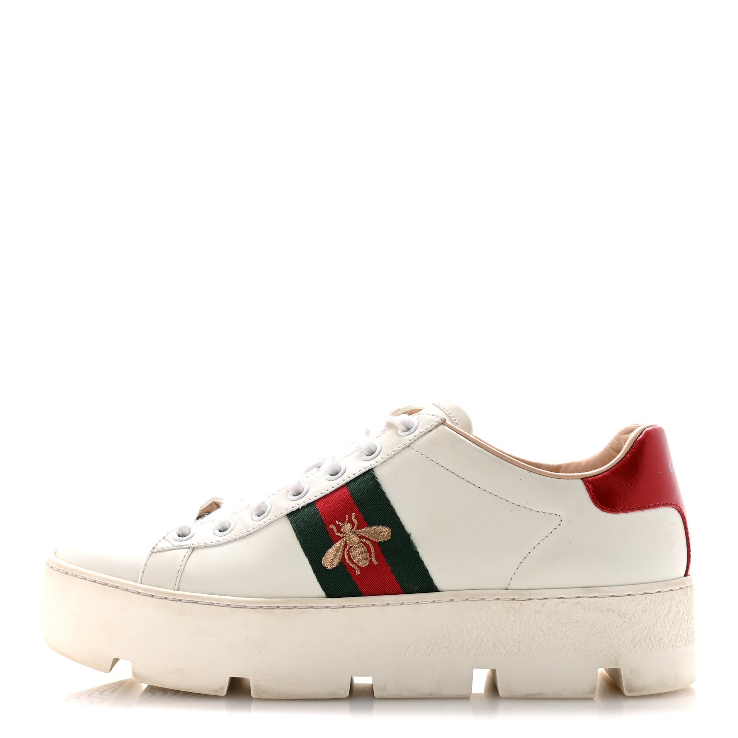 Gucci Calfskin Web Bee Embroidered Womens Ace Platform Sneakers 38.5 White 1 of 9