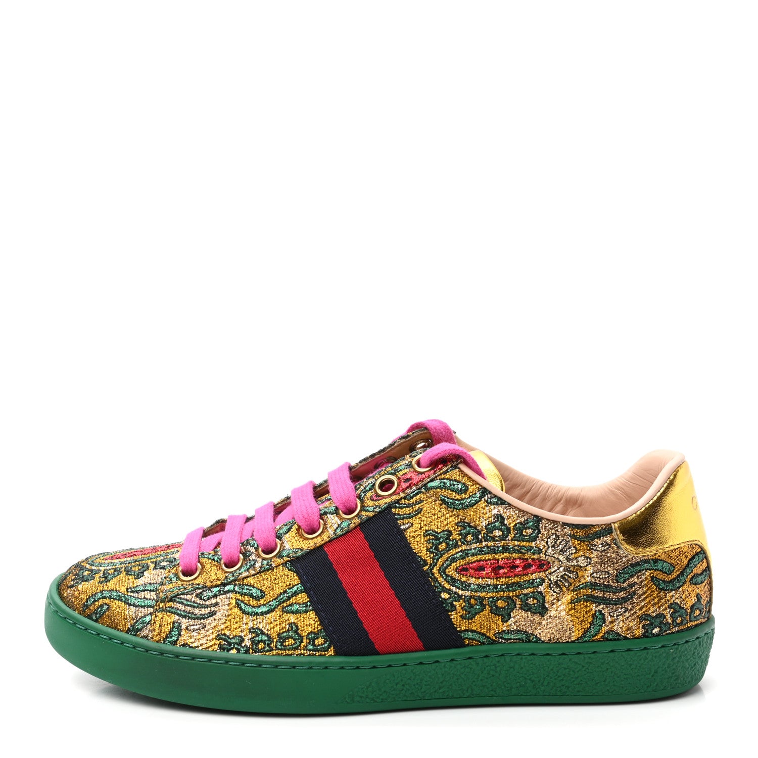 Gucci Jacquard Web Embroidered Womens New Ace Sneakers 35 Gold Green 1 of 9