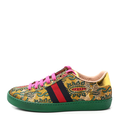 Gucci Jacquard Web Embroidered Womens New Ace Sneakers 35 Gold Green 1 of 9
