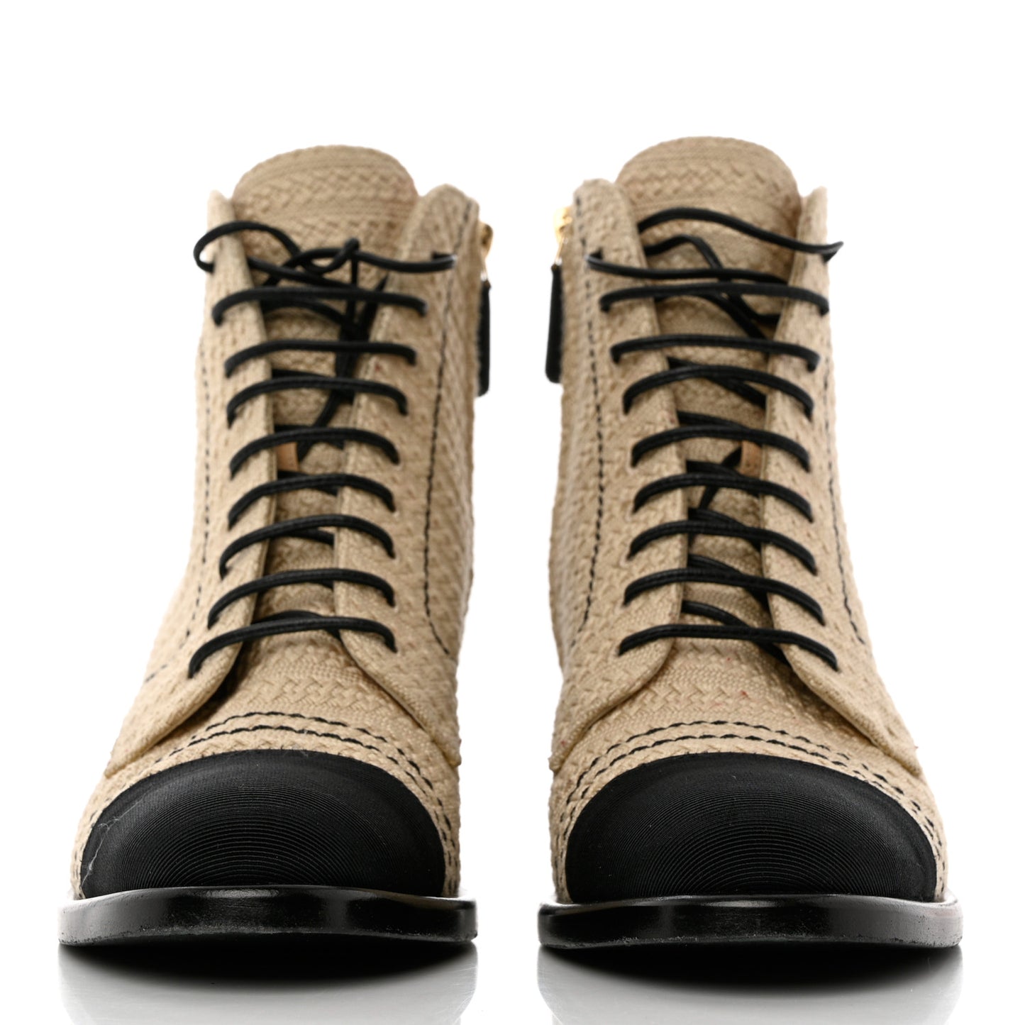 Woven Raffia Grosgrain Cap Toe Womens CC Lace Up Combat Short Boots 37.5 Beige Black