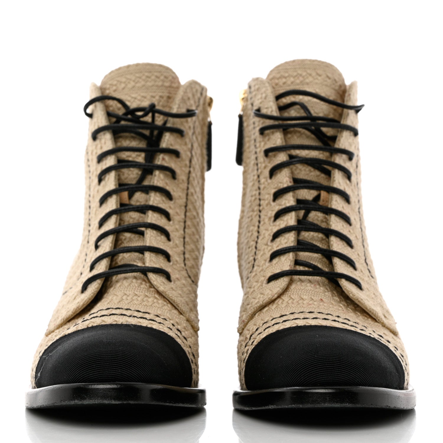 Chanel Woven Raffia Grosgrain Cap Toe Womens CC Lace Up Combat Short Boots 37.5 Beige Black 2 of 8