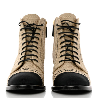 Chanel Woven Raffia Grosgrain Cap Toe Womens CC Lace Up Combat Short Boots 37.5 Beige Black 2 of 8