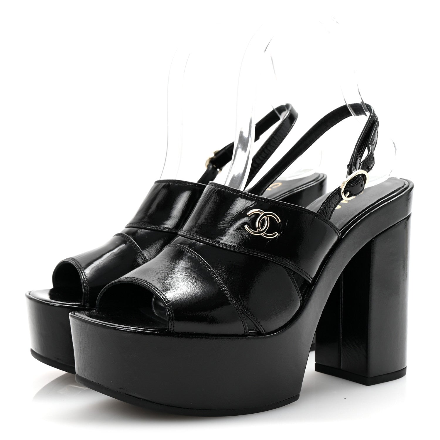 Chanel Crumpled Patent Lambskin Platform Sandals 37.5 Black 4 of 9