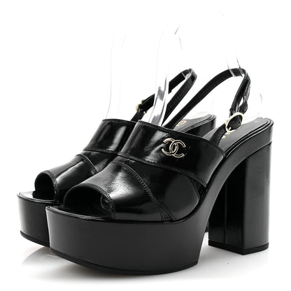 Chanel Crumpled Patent Lambskin Platform Sandals 37.5 Black 4 of 9