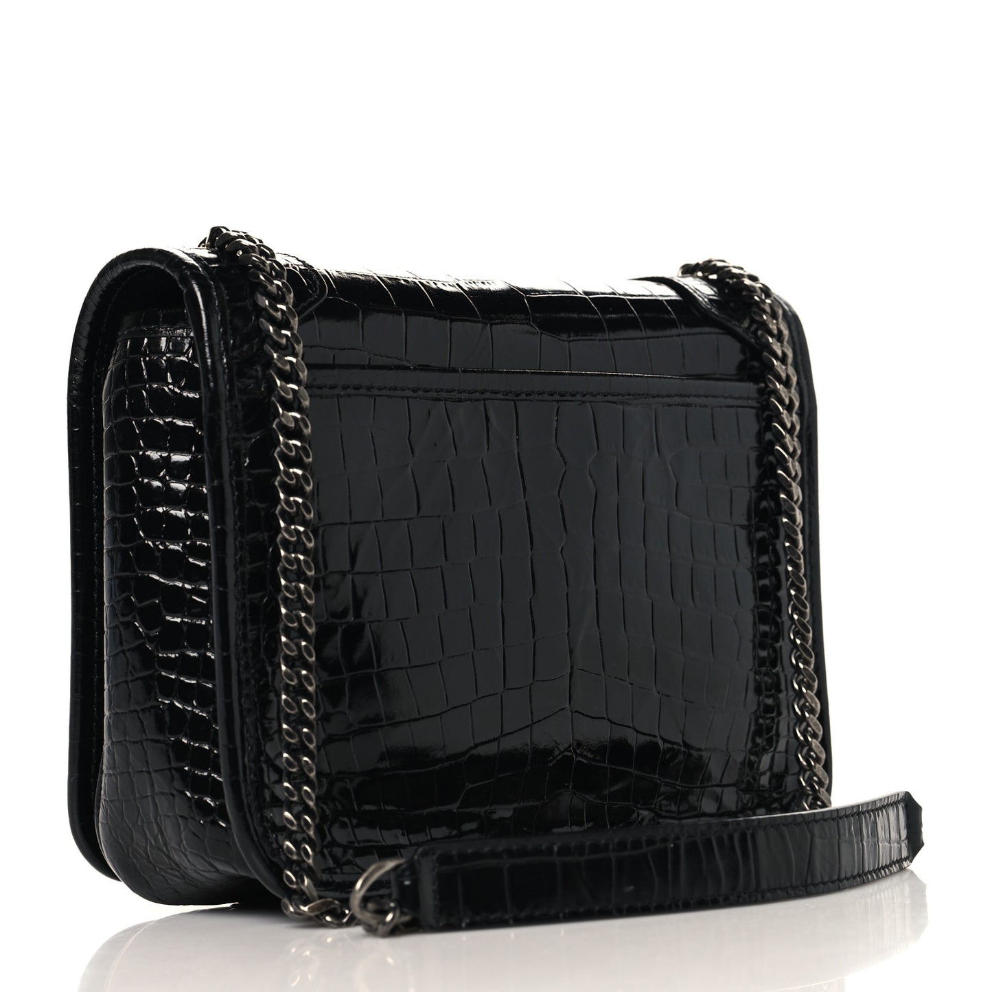 Crocodile Embossed Lambskin Matelasse Monogram Niki Chain Wallet Black