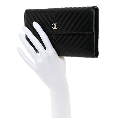 Chanel Lambskin Chevron Quilted Large Flap Clutch Wallet Black 2 of 8