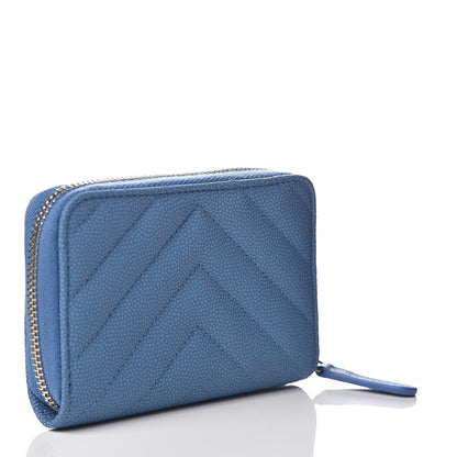 Chanel Caviar Flat Chevron Quilted Zip Coin Purse Blue 3 of 8