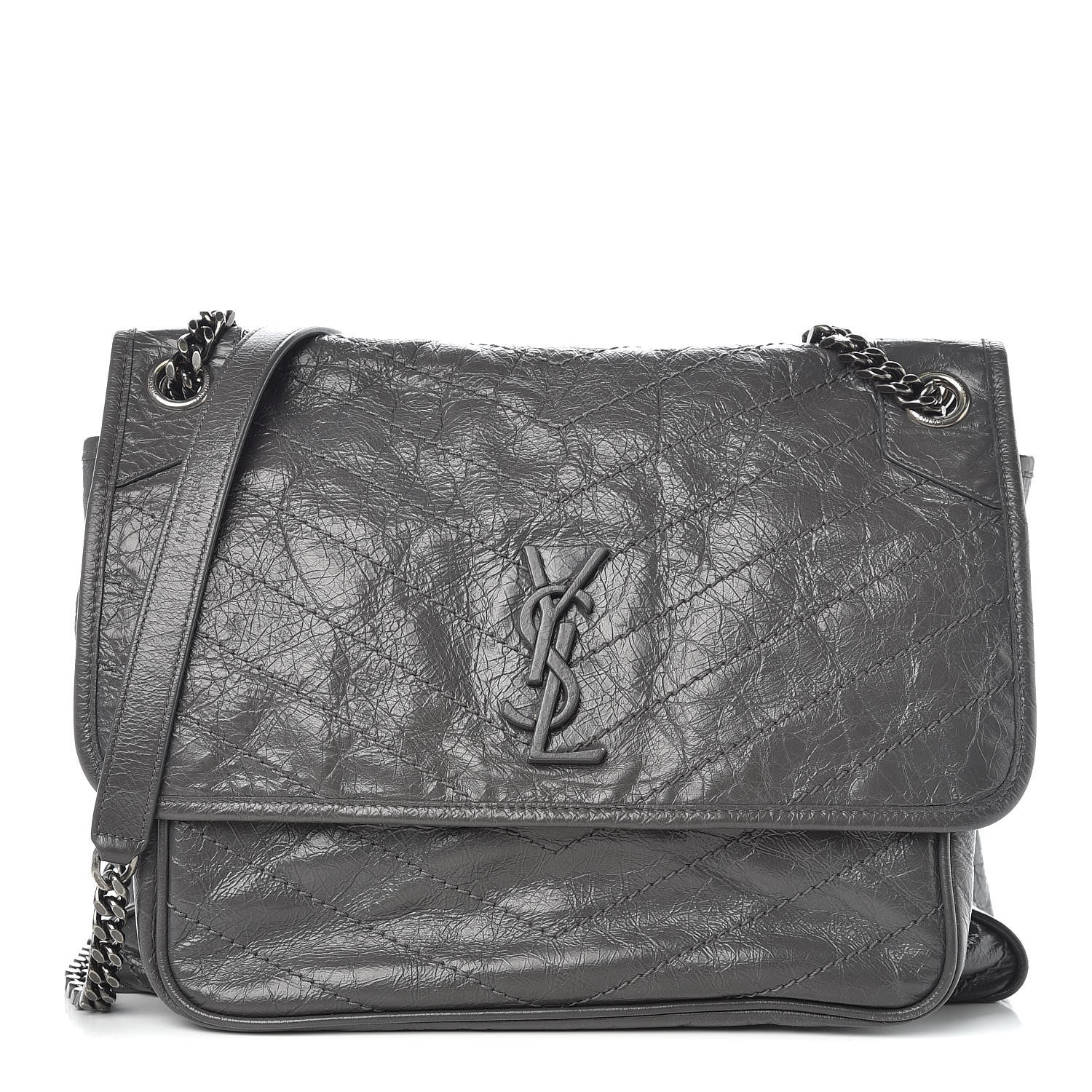 Saint Laurent Crinkled Calfskin Matelasse Monogram Large Niki Chain Satchel Storm 1 of 14