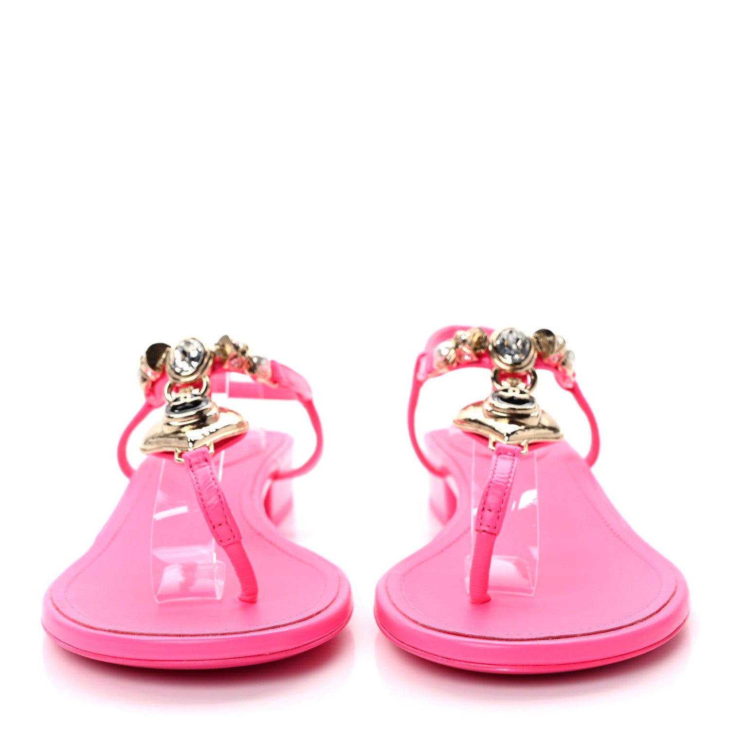 Chanel Shiny Lambskin Pearl Crystal CC Heart Thong Sandals 38 Neon Pink 2 of 8