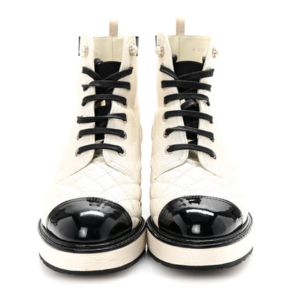 Chanel Pearly Calfskin Patent Calfskin Quilted Lace Up Boots 37 White Light Gray Black 3 of 9