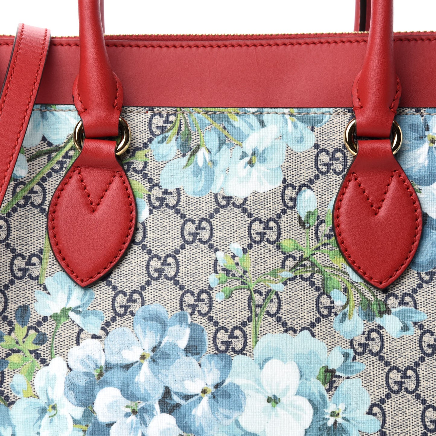 GG Supreme Monogram Blooms Medium Zip Top Tote Beige Blue Navy Hibiscus Red