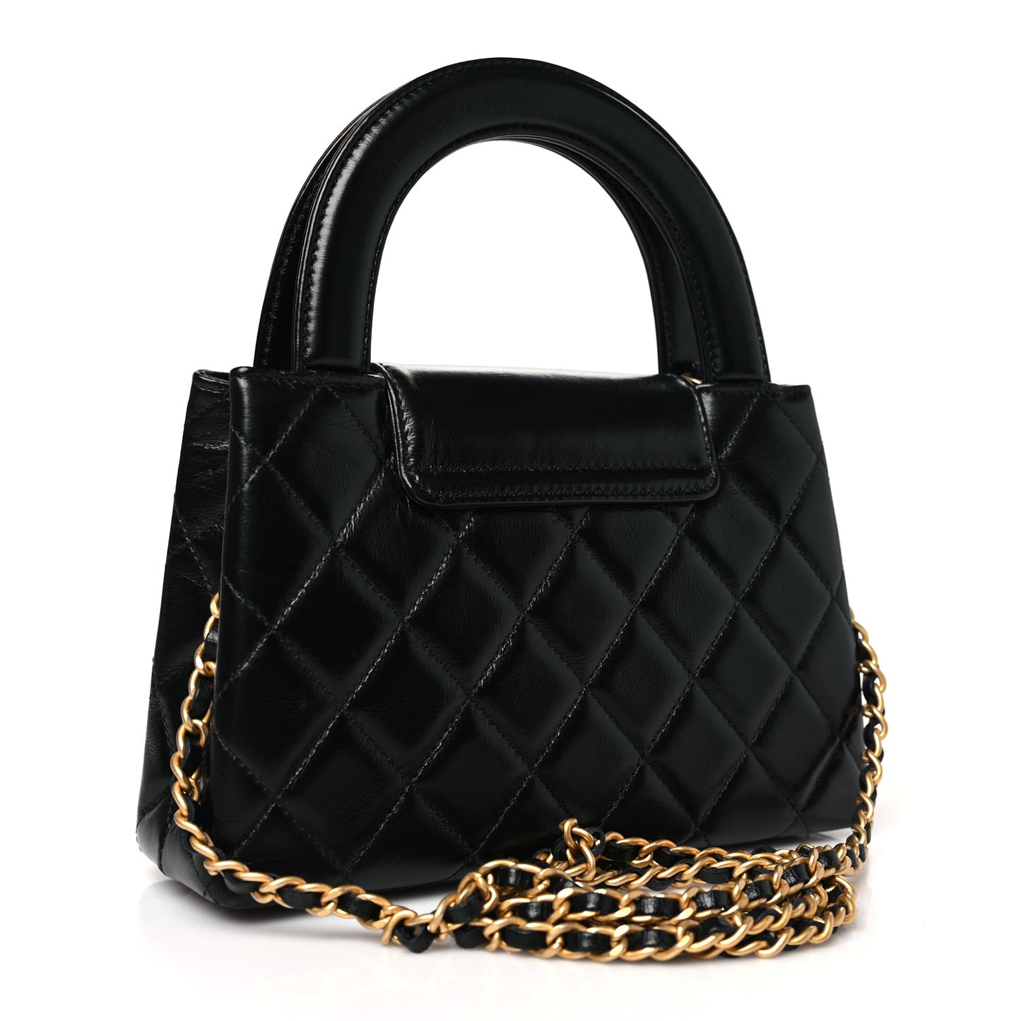 Shiny Aged Calfskin Quilted Nano Kelly Shopper Black