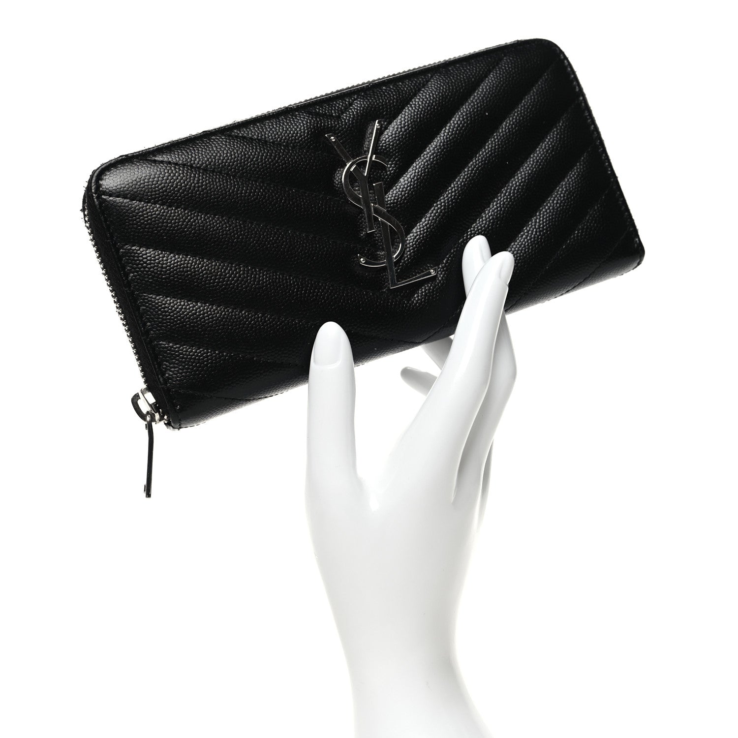 Saint Laurent Grain De Poudre Matelasse Chevron Monogram Zip Around Wallet Black 2 of 8