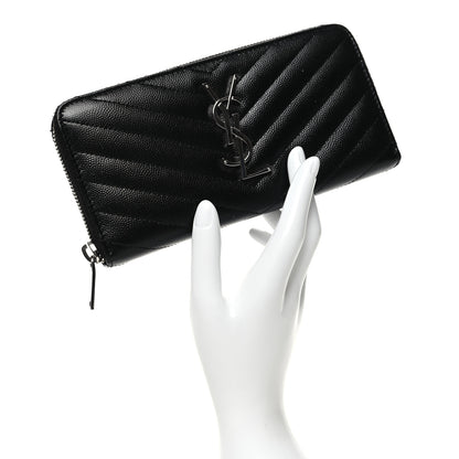 Saint Laurent Grain De Poudre Matelasse Chevron Monogram Zip Around Wallet Black 2 of 8
