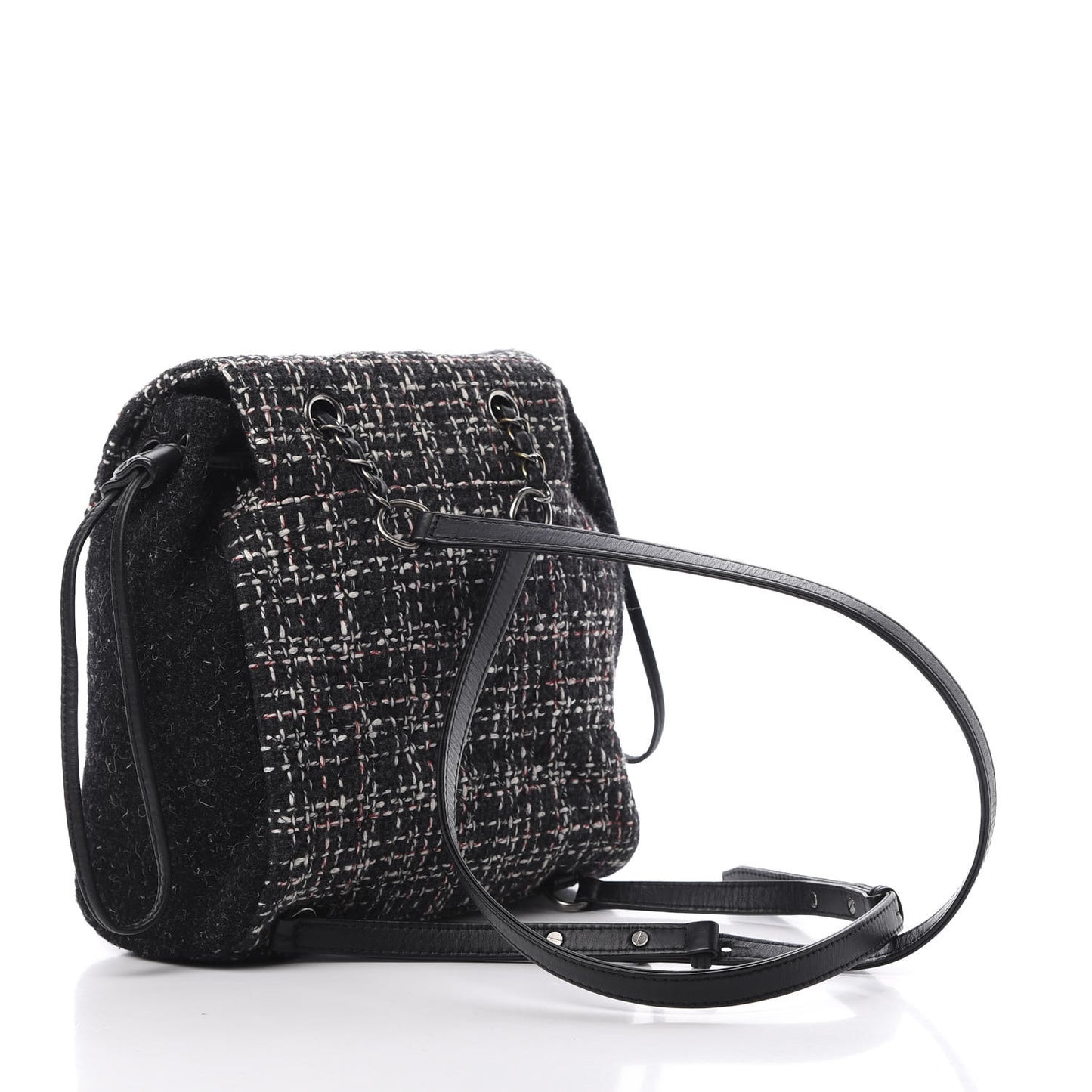 Tweed Drawstring Backpack Black White Red