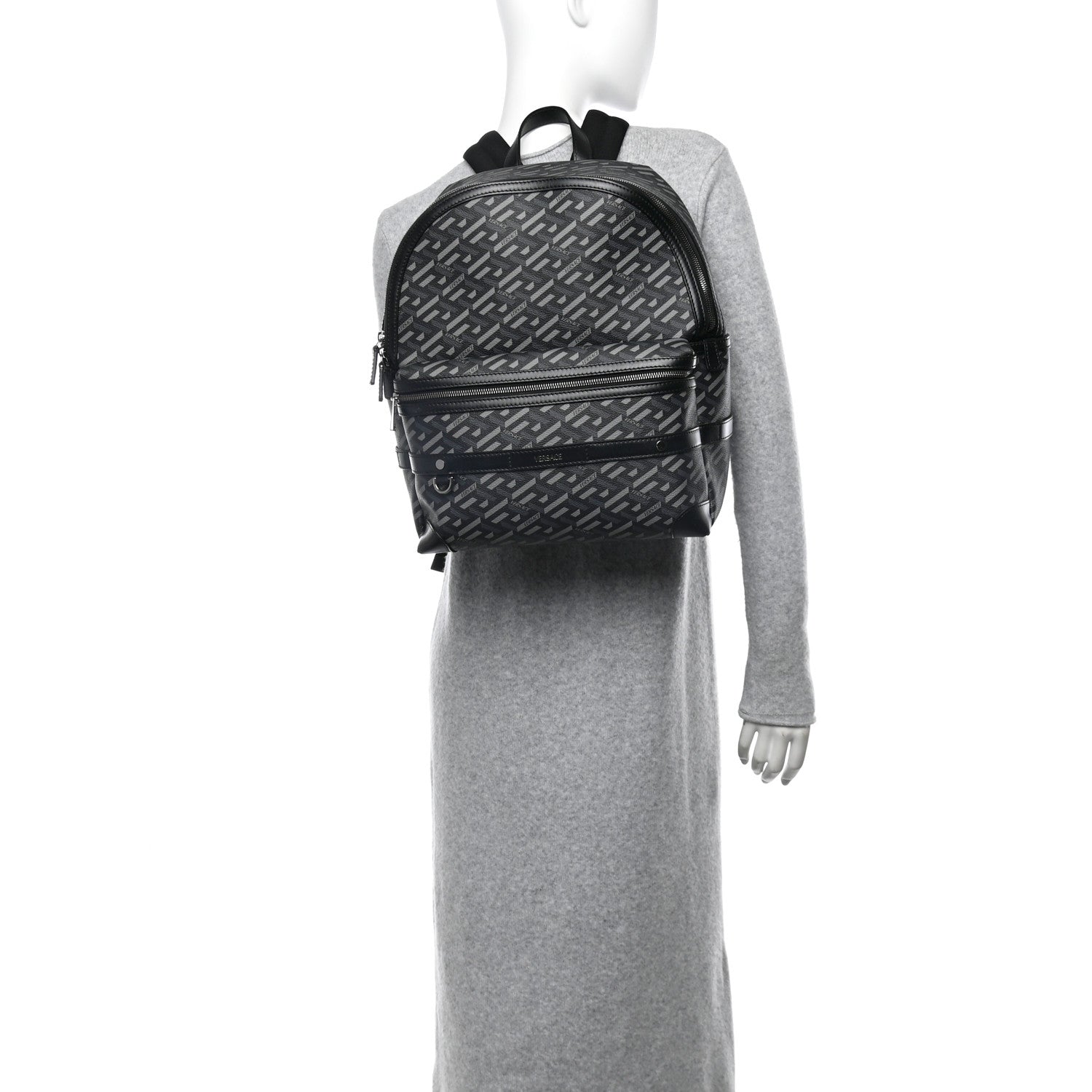 Versace Coated Canvas Calfskin La Greca Signature Backpack Black Grey 2 of 10