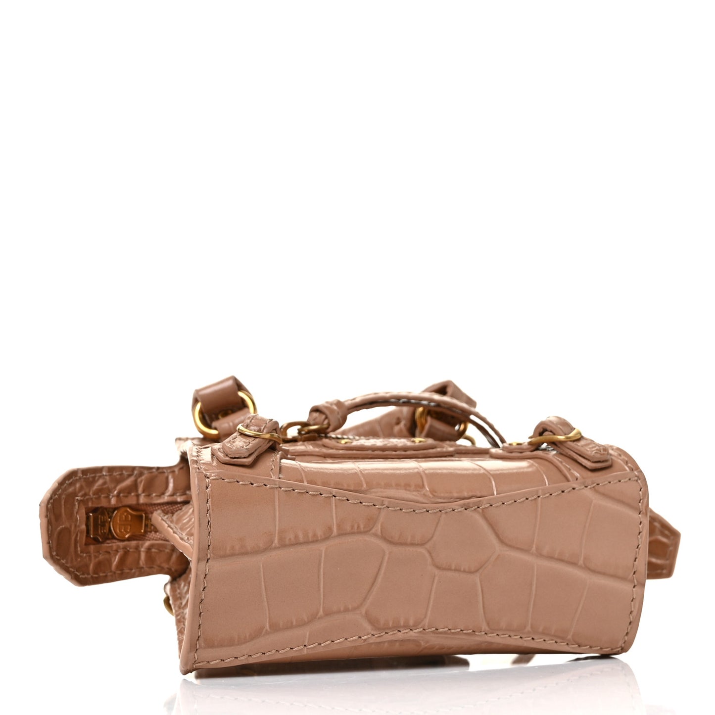 Shiny Supple Calfskin Crocodile Embossed Neo Classic Gold Hardware Super Nano City Crossbody Nude Beige
