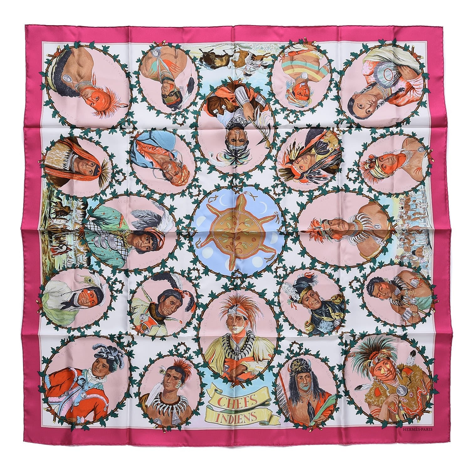 Hermes Silk Chefs Indiens Scarf 90 Fuchsia Blanc Vert 1 of 5