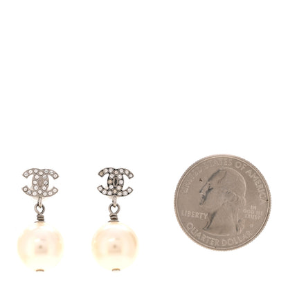 Chanel Crystal Pearl CC Drop Earrings Silver Pearly White 2 of 5