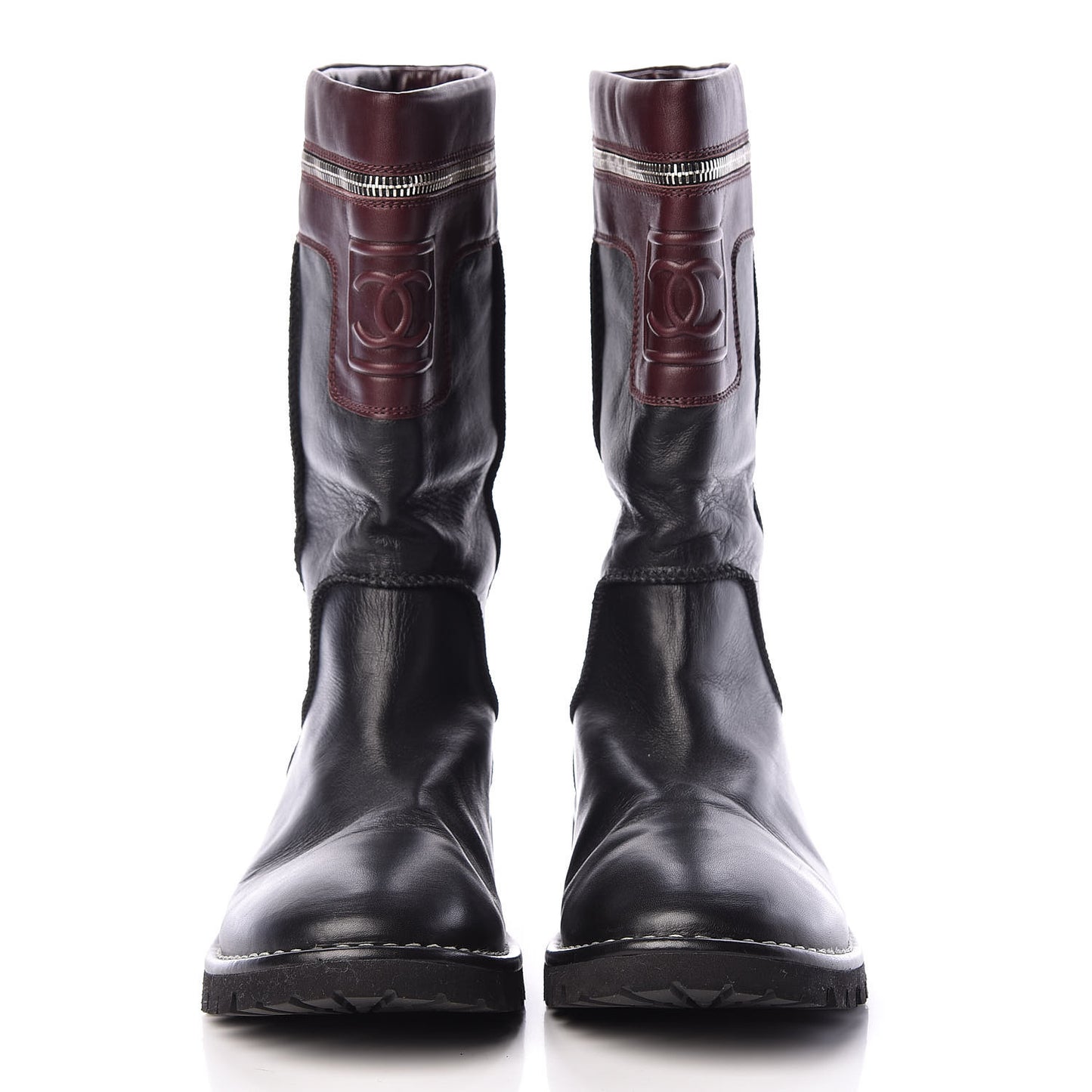 Calfskin Motorcycle Zipper Boots 40.5 Black Burgundy