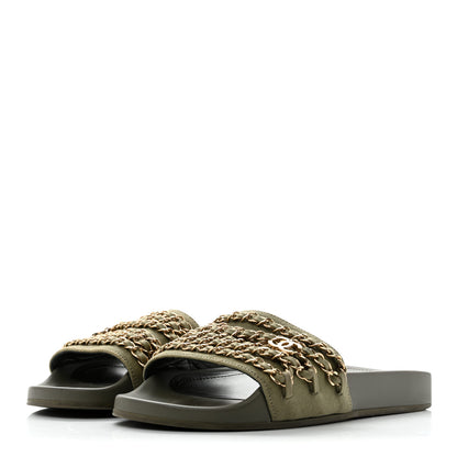 Chanel Canvas Chain Flat Sandals 38 Khaki 4 of 12