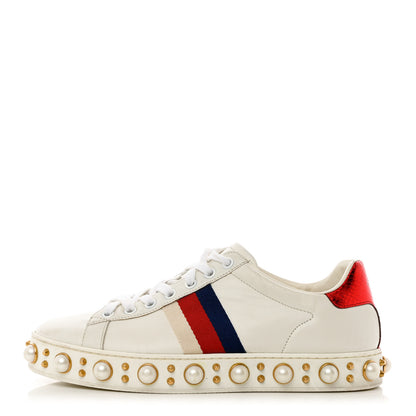 Gucci Calfskin Ayers Web Pearl Studded Womens Ace Sneakers 37 White 1 of 11