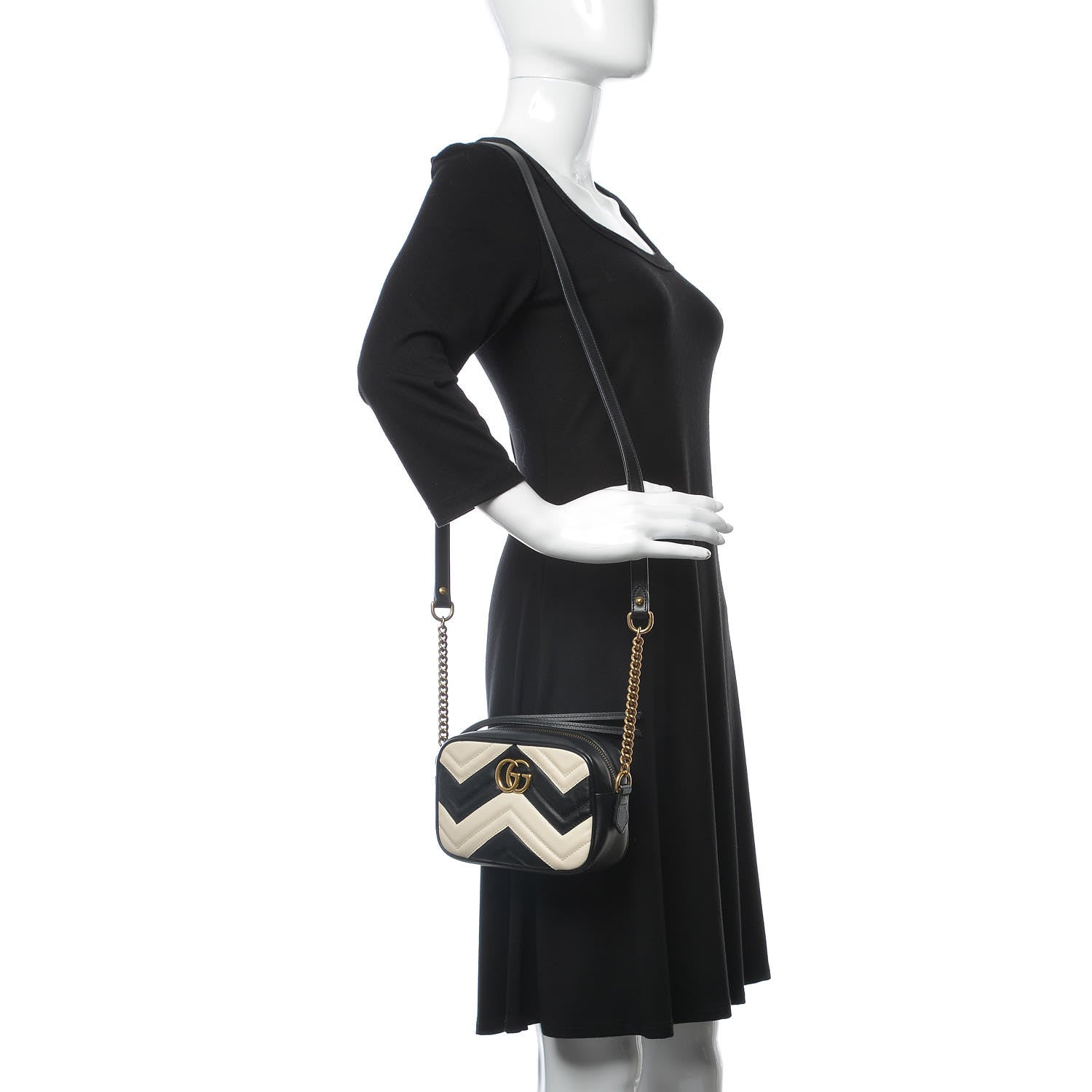 Gucci Calfskin Matelasse Mini GG Marmont Chain Shoulder Bag Black White 2 of 10