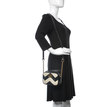 Gucci Calfskin Matelasse Mini GG Marmont Chain Shoulder Bag Black White 2 of 10
